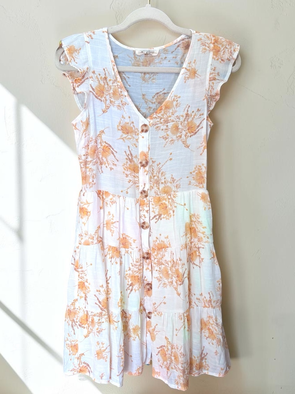 Floral Button Front Tiered Mini Dress Apricot Cream S • Romantic Feminine Summer